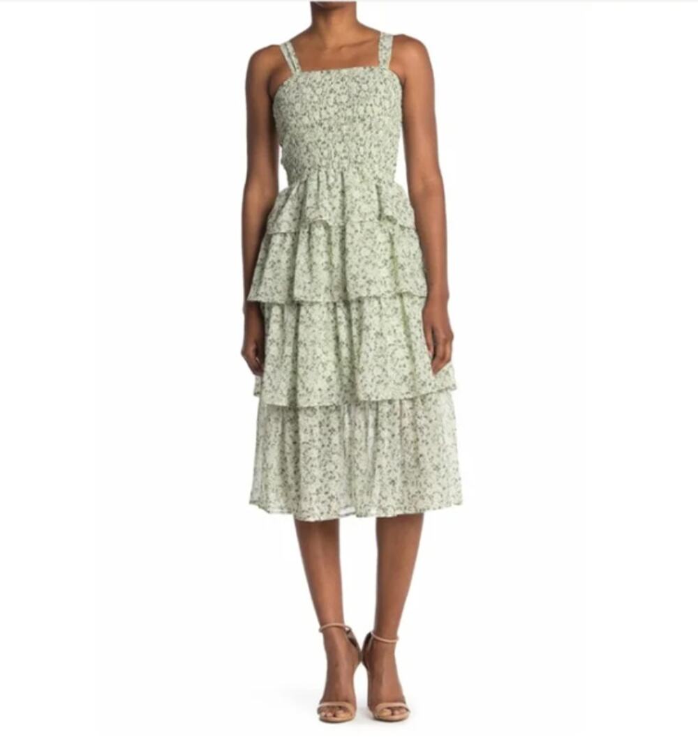 Spirit of Grace Green Floral Smocked Sleeveless Tiered Midi Dress